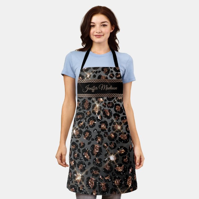 Personalized Trendy Leopard Black Gold Glitter     Apron (Worn)