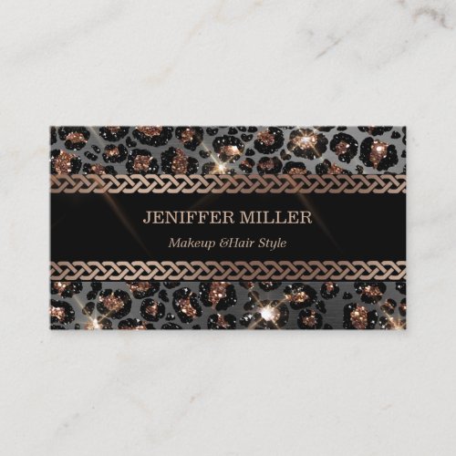 Personalized Trendy Leopard Black Gold Glitter     Business Card