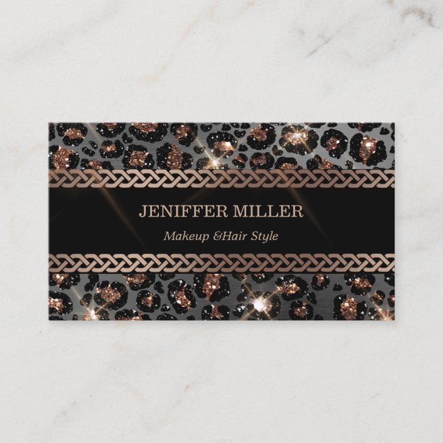 Personalized Trendy Leopard Black Gold Glitter     Business Card (Front)
