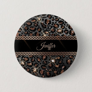 Personalized Trendy Leopard Black Gold Glitter     Button