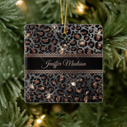 Personalized Trendy Leopard Black Gold Glitter     Ceramic Ornament