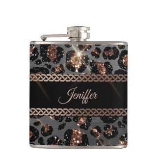 Personalized Trendy Leopard Black Gold Glitter     Flask