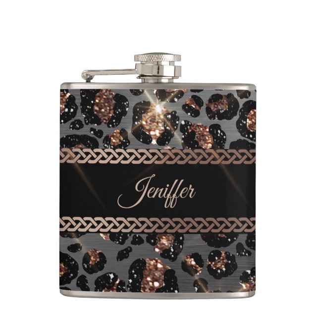 Personalized Trendy Leopard Black Gold Glitter     Flask (Front)