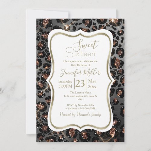 Personalized Trendy Leopard Black Gold Glitter     Invitation