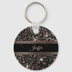 Personalized Trendy Leopard Black Gold Glitter Keychain