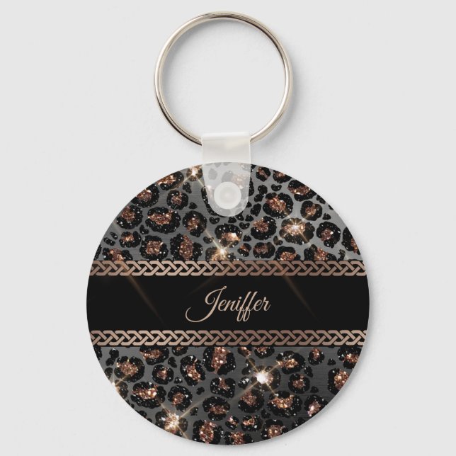 Personalized Trendy Leopard Black Gold Glitter     Keychain (Front)