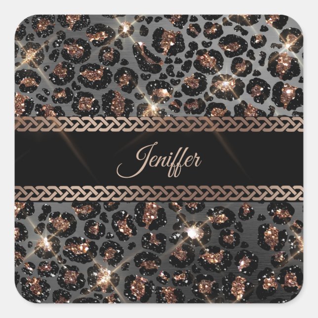 Personalized Trendy Leopard Black Gold Glitter     Square Sticker (Front)