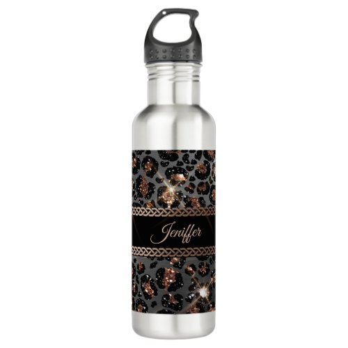 Personalized Trendy Leopard Black Gold Glitter     Stainless Steel Water Bottle