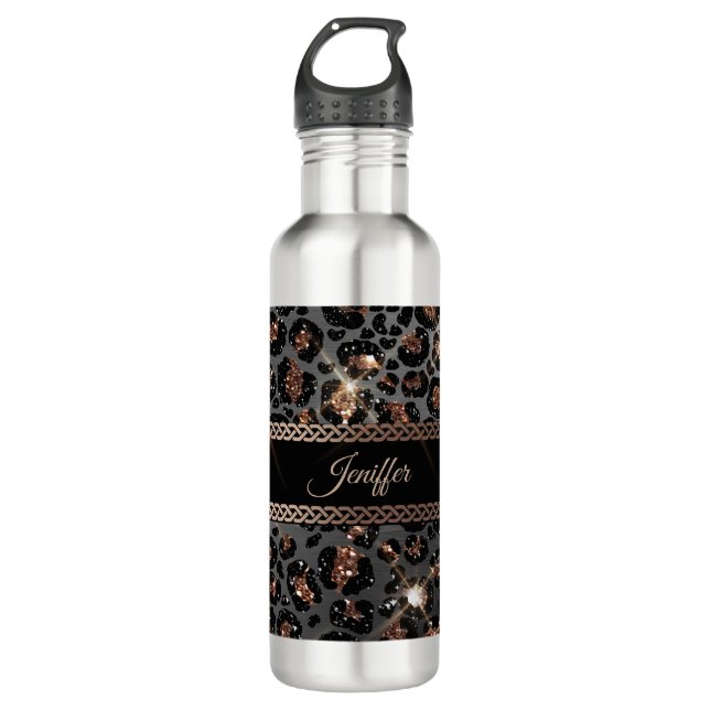Personalized Trendy Leopard Black Gold Glitter     Stainless Steel Water Bottle (Front)