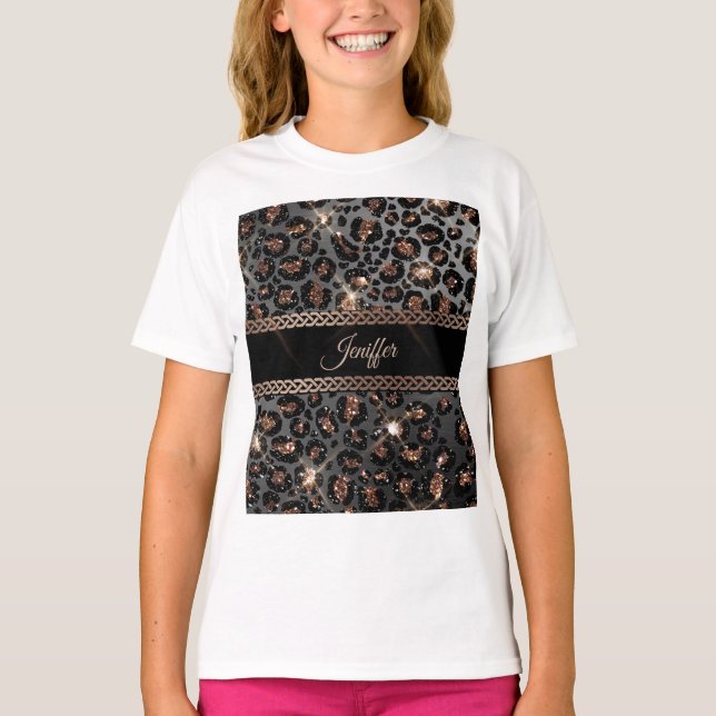 Personalized Trendy Leopard Black Gold Glitter     T-Shirt (Front)