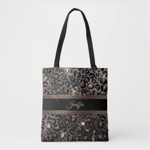 Personalized Trendy Leopard Black Gold Glitter     Tote Bag