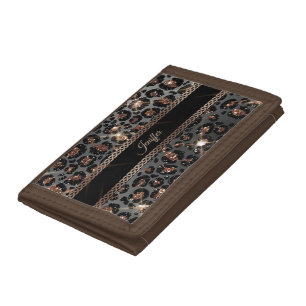 Personalized Trendy Leopard Black Gold Glitter Tri-fold Wallet