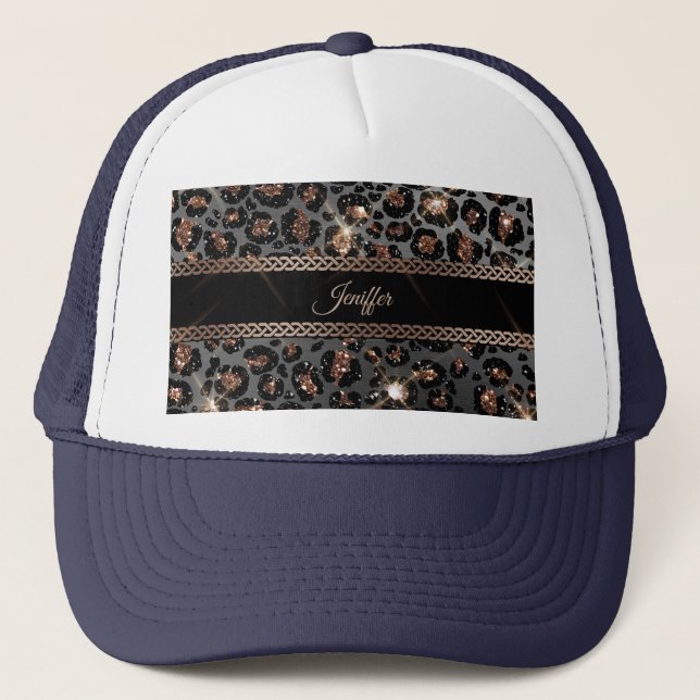 Personalized Trendy Leopard Black Gold Glitter     Trucker Hat (Front)