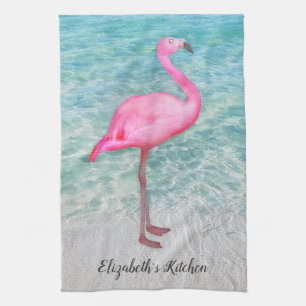 Personalized Trendy Pink Flamingo Tropical Beach Kitchen Towel