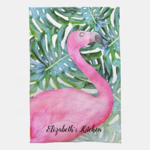Personalized Trendy Pink Flamingo Tropical Leaves Kitchen Towel