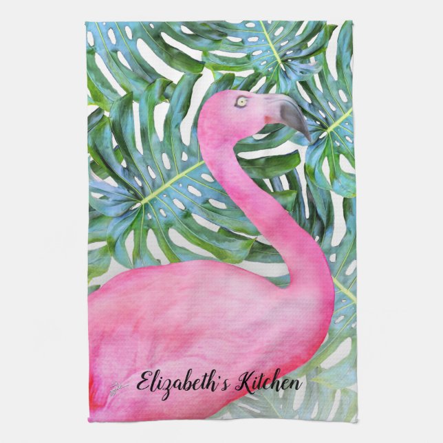 Personalized Trendy Pink Flamingo Tropical Leaves Kitchen Towel (Vertical)