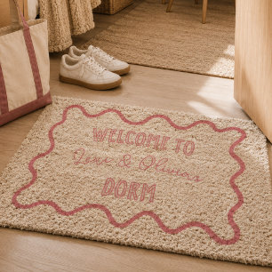 Personalized Trendy Pink Hand Drawn Dorm Roommates Fiber Doormat