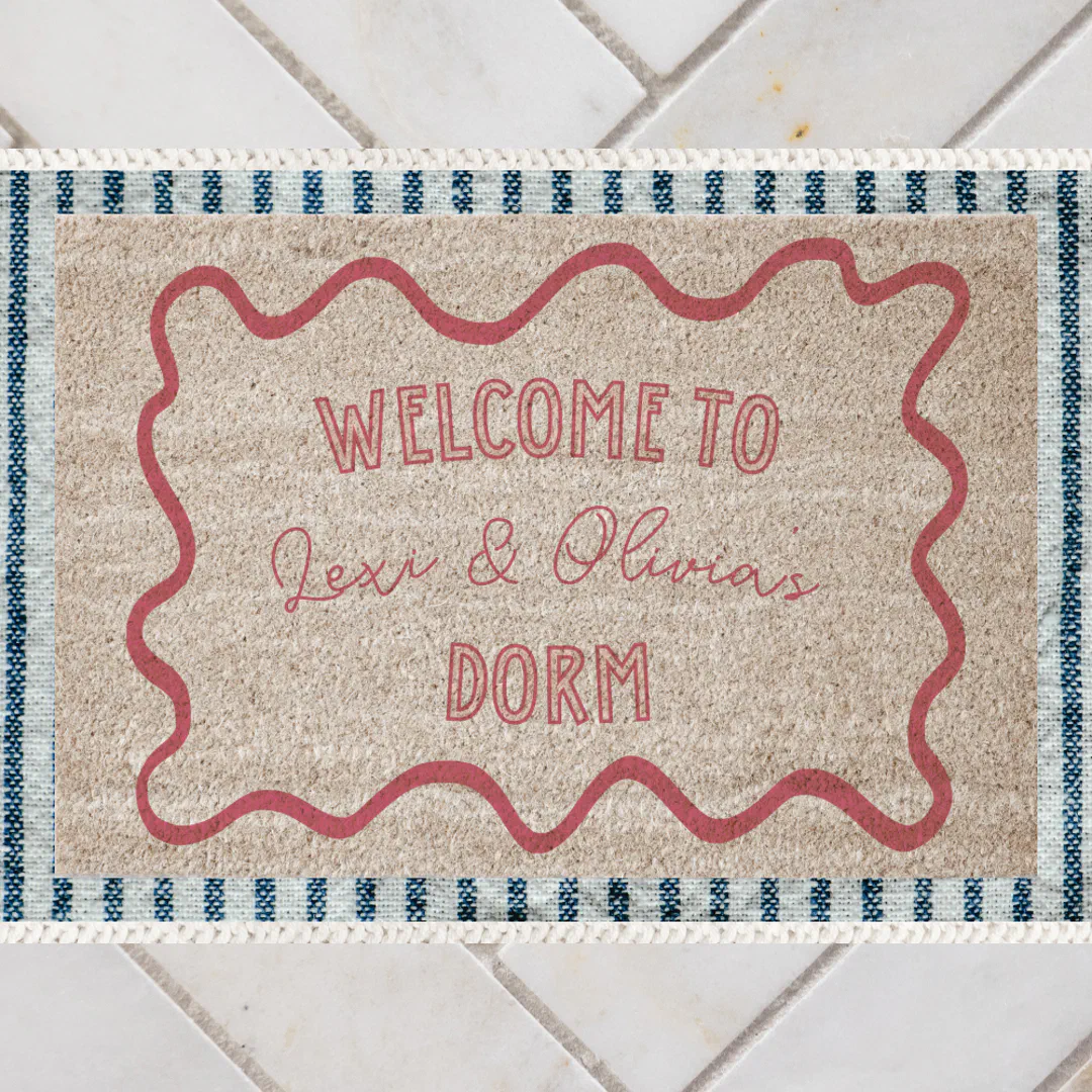 Personalized Trendy Pink Hand Drawn Dorm Roommates Fiber Doormat
