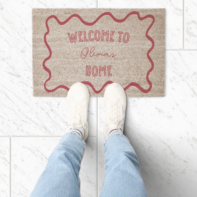 Personalized Trendy Pink Hand Drawn Name Fiber Doormat (Insitu)