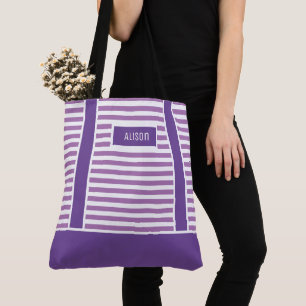 Personalized Trendy Purple And White Stripes Tote Bag