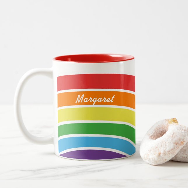 Personalized Trendy Rainbow Modern Pattern Girls Two-Tone Coffee Mug (With Donut)