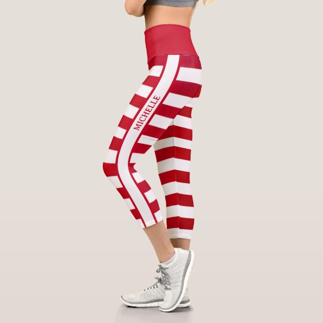 Personalized Trendy Red White Stripes Candy Cane Capri Leggings (Left)