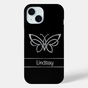 Personalized Tribal Butterfly Silver Glitter Black iPhone 15 Case