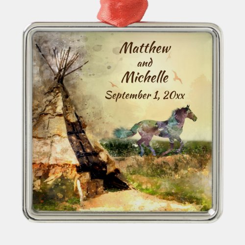 Personalized Tribal Teepee and Horse Tipi Wedding Metal Ornament