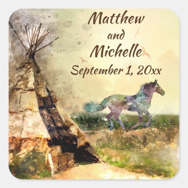 Personalized Tribal Teepee and Horse Tipi Wedding Square Sticker (Front)