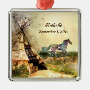 Personalized Tribal Teepee and Indian Horse Tipi Metal Ornament