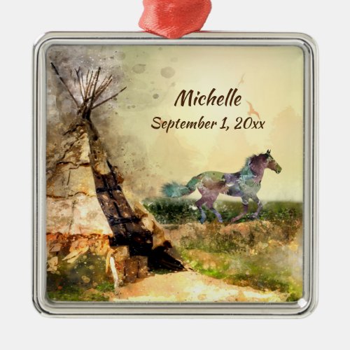 Personalized Tribal Teepee and Indian Horse Tipi Metal Ornament