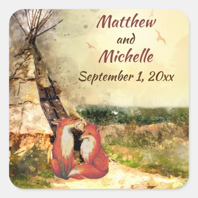 Personalized Tribal Tipi and Foxes Teepee Wedding Square Sticker (Front)