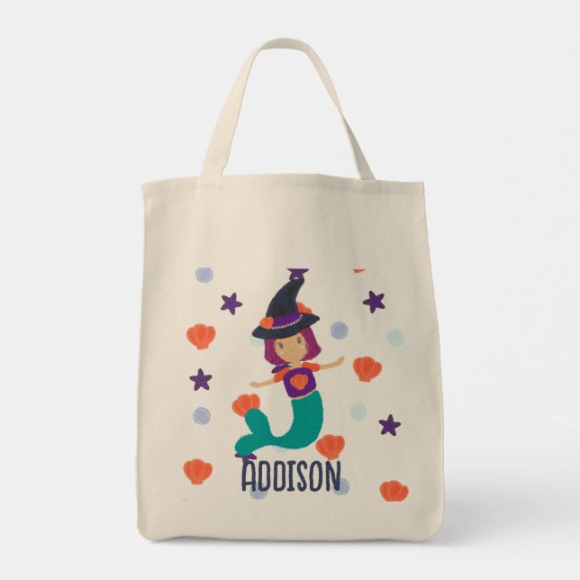Personalized Trick or Treat Mermaid Witch Tote Bag (Back)