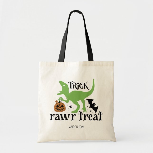 Personalized Trick Rawr Treat Dinosaur Halloween Tote Bag (Front)