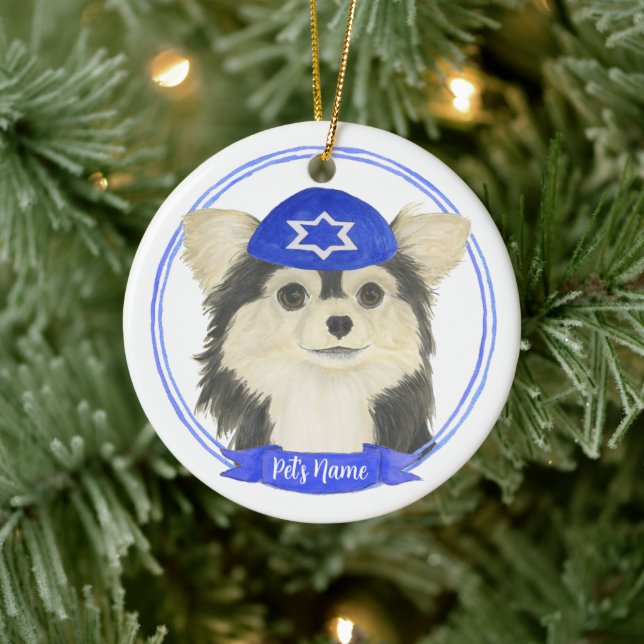 Personalized Tricolor Chihuahua Hanukkah Ceramic Ornament (Tree)