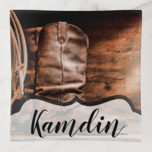 Personalized Trinket Tray Cowboy Boots Barn Wood R
