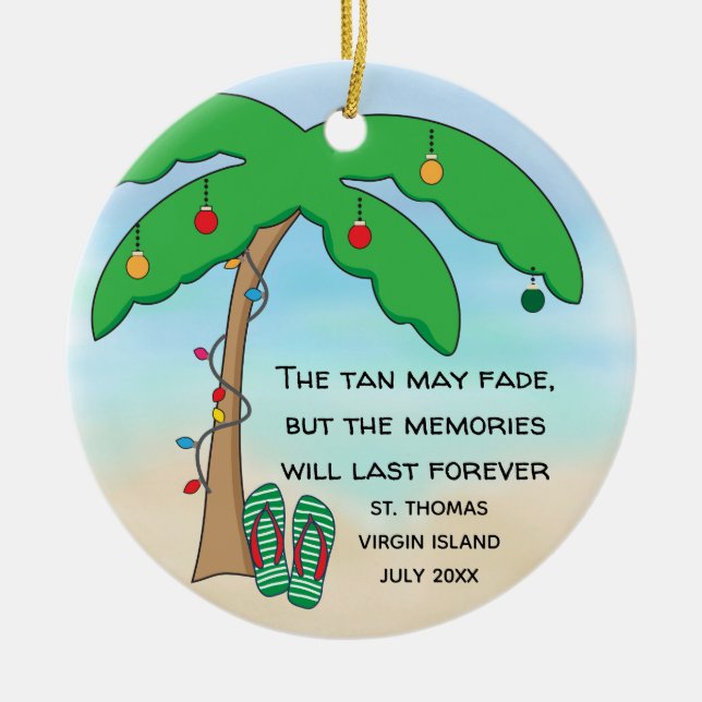 Personalized Tropical Beach Christmas Ceramic Ornament (Front)