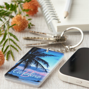 Personalized Tropical Beach Ocean Sunset Photo Keychain
