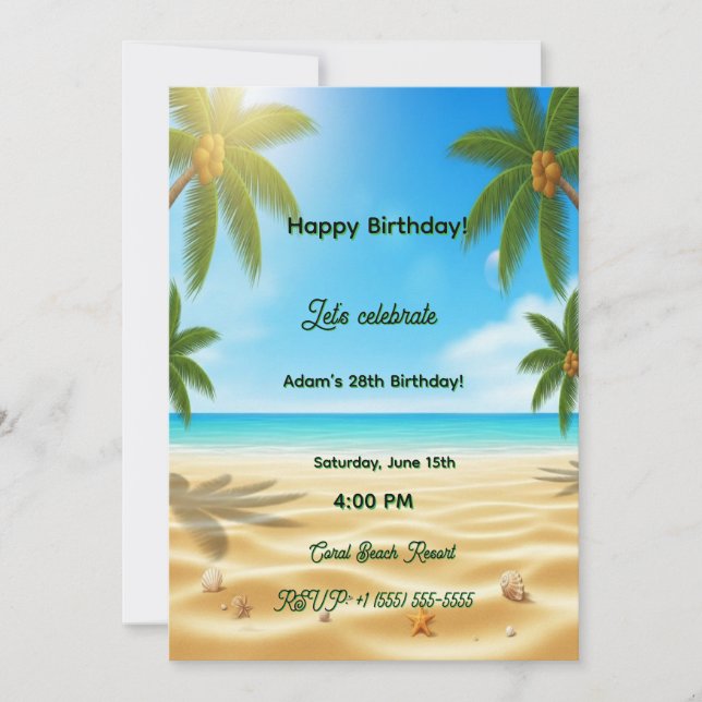 Personalized Tropical Beach Palms Adult Birthday P Invitation (Front)