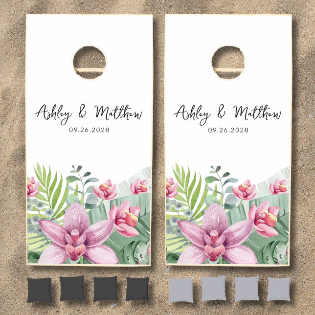 Personalized Tropical Beach Wedding Cornhole Set (Bride Groom Modern Elegant Tropical Floral Wedding Cornhole Set)