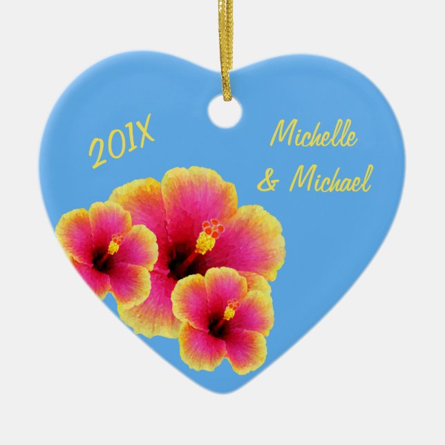 Personalized Tropical Blue Wedding Hibiscus Ceramic Ornament (Front)