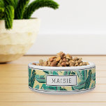 Personalized Tropical Botanical Leaf Pattern Pet<br><div class="desc">For your island-dwelling pet,  this cute personalized tropical style bowl for dogs or cats features a pattern of green banana leaves on a pastel butter yellow background accented with top and bottom stripes. Personalize with your pet's name.</div>