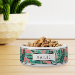 Personalized Tropical Botanical Leaf Pattern Pet<br><div class="desc">For your island-dwelling pet,  this cute personalized tropical style bowl for dogs or cats features a pattern of green banana leaves on a vibrant coral background accented with top and bottom stripes. Personalize with your pet's name.</div>