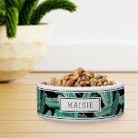 Personalized Tropical Botanical Leaf Pattern Pet Bowl<br><div class="desc">For your island-dwelling pet,  this cute personalized tropical style bowl for dogs or cats features a pattern of green banana leaves on a black background accented with top and bottom stripes. Personalize with your pet's name.</div>