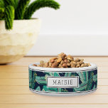 Personalized Tropical Botanical Leaf Pattern Pet Bowl<br><div class="desc">For your island-dwelling pet,  this cute personalized tropical style bowl for dogs or cats features a pattern of green banana leaves on a navy blue background accented with top and bottom stripes. Personalize with your pet's name.</div>