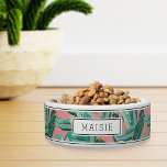 Personalized Tropical Botanical Leaf Pattern Pet Bowl<br><div class="desc">For your island-dwelling pet,  this cute personalized tropical style bowl for dogs or cats features a pattern of green banana leaves on a vibrant coral background accented with top and bottom stripes. Personalize with your pet's name.</div>