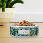 Personalized Tropical Botanical Leaves Pattern Pet<br><div class="desc">For island dwelling pets,  this cute tropical dog or cat bowl features a pattern of green monstera,  banana,  and palm leaves on a pastel mint green background. Personalize with your pet's name in dark navy blue lettering.</div>