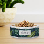 Personalized Tropical Botanical Leaves Pattern Pet<br><div class="desc">For island dwelling pets,  this cute tropical dog or cat bowl features a pattern of green monstera,  banana,  and palm leaves on a rich navy blue background. Personalize with your pet's name in matching dark navy lettering.</div>