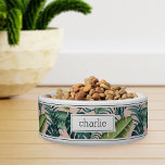 Personalized Tropical Botanical Leaves Pattern Pet<br><div class="desc">For island dwelling pets,  this cute tropical dog or cat bowl features a pattern of green monstera,  banana,  and palm leaves on a pastel blush pink background. Personalize with your pet's name in dark navy blue lettering.</div>