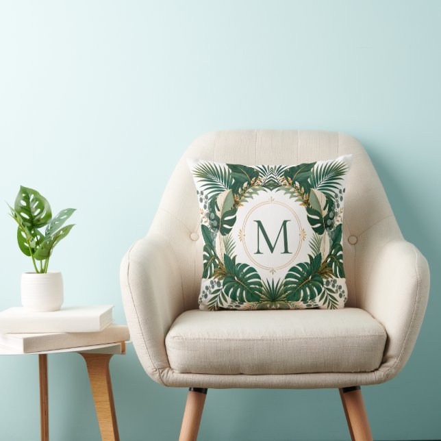 Personalized Tropical Botanical Monogram Wreath Throw Pillow (Chair)